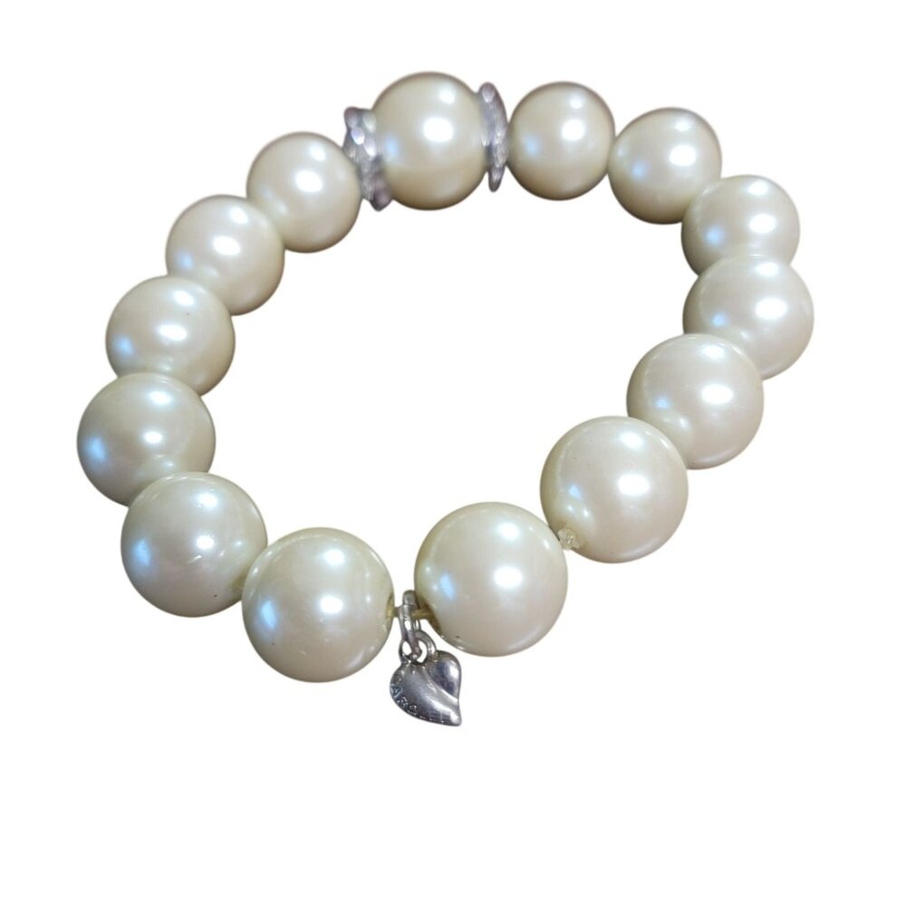 Vintage Carolee Faux Pearl Rhinestone Stretch Bracelet Heart Charm Signed